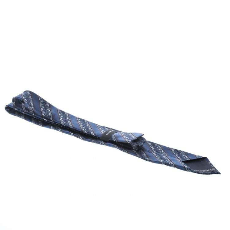 Pre Owned Ermenegildo Zegna Teal Striped Patterned Silk Jacquard Tie
