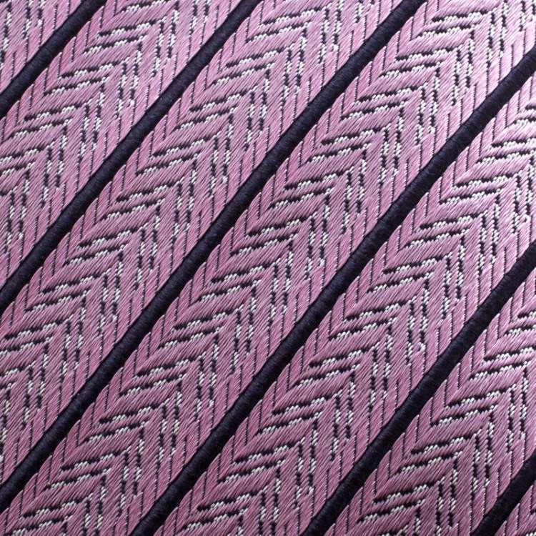 Pre Owned Ermenegildo Zegna Pink and Navy Blue Diagonal Striped Patterned Silk Jacquard Tie