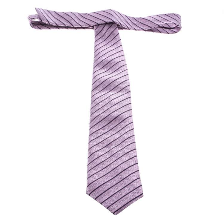 Pre Owned Ermenegildo Zegna Pink and Navy Blue Diagonal Striped Patterned Silk Jacquard Tie