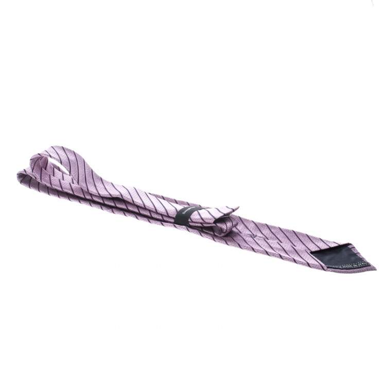 Pre Owned Ermenegildo Zegna Pink and Navy Blue Diagonal Striped Patterned Silk Jacquard Tie