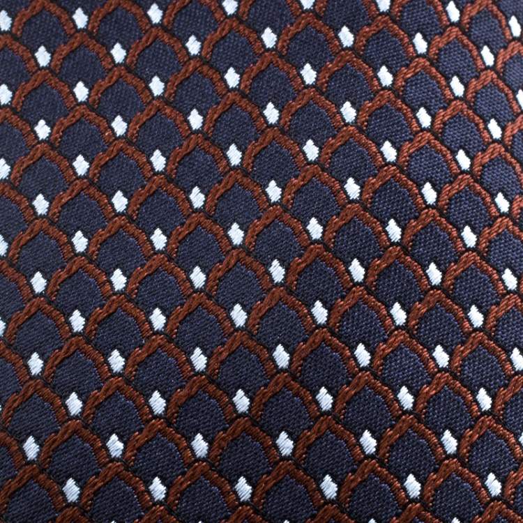 Pre Owned Ermenegildo Zegna Navy Blue and Brown Patterned Silk Jacquard Tie