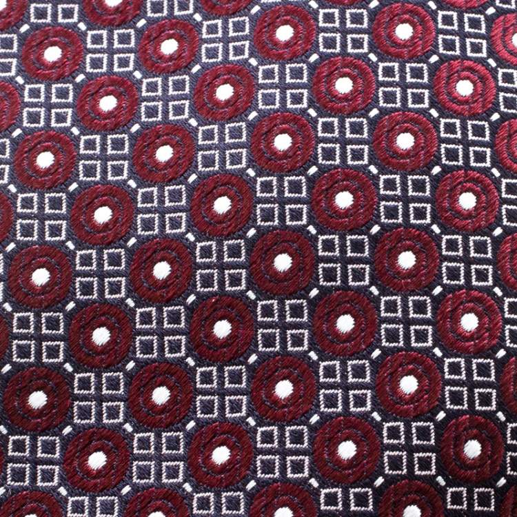 Pre Owned Ermenegildo Zegna Burgundy and Navy Blue Geometric Pattern Dotted Silk Jacquard Tie