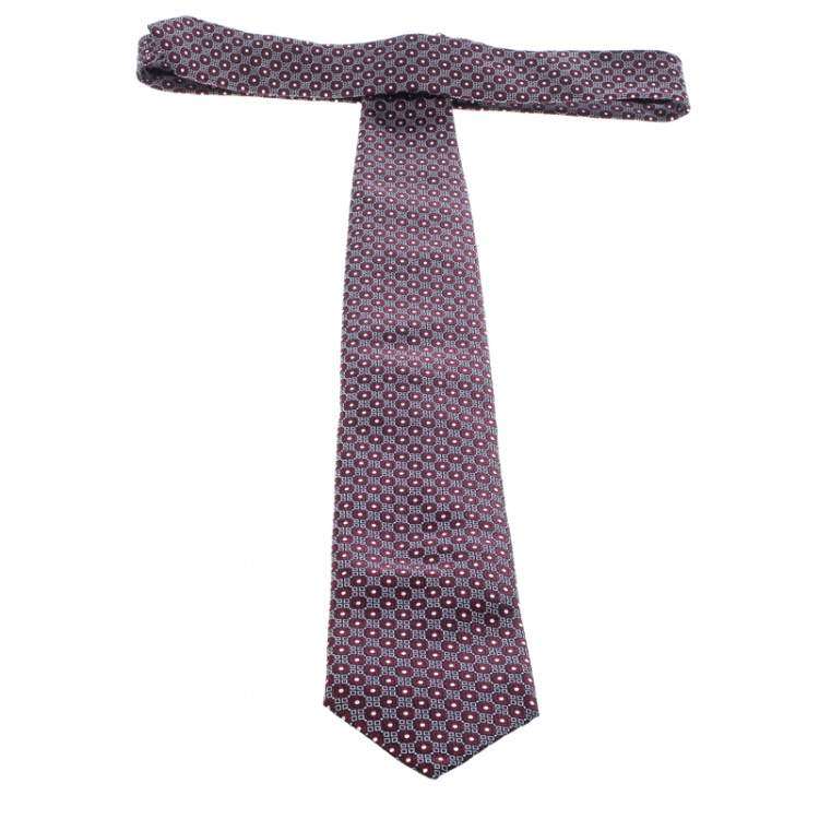 Pre Owned Ermenegildo Zegna Burgundy and Navy Blue Geometric Pattern Dotted Silk Jacquard Tie