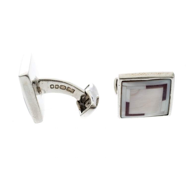 Pre Owned Ermenegildo Zegna Mother of Pearl Inlay Silver Square Cufflinks