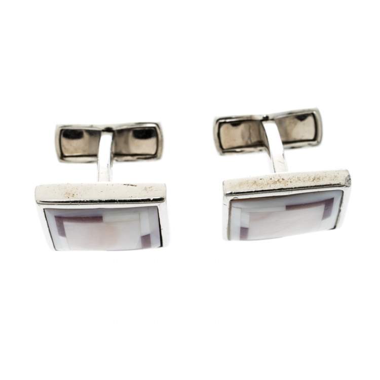Pre Owned Ermenegildo Zegna Mother of Pearl Inlay Silver Square Cufflinks