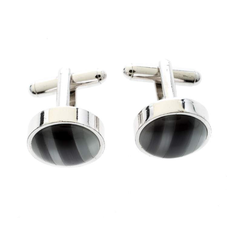 Pre Owned Ermenegildo Zegna Grey Inlay Silver Tone Round Cufflinks