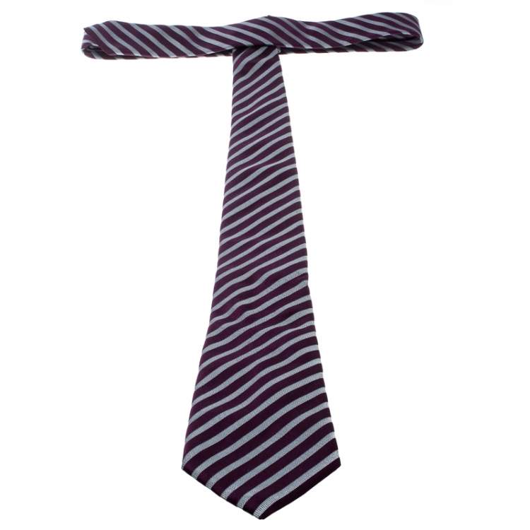 Pre Owned Ermenegildo Zegna Purple and Grey Striped Silk Tie