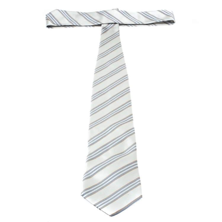 Pre Owned Ermenegildo Zegna Couture Grey and Blue Diagonal Striped Silk Traditional Tie
