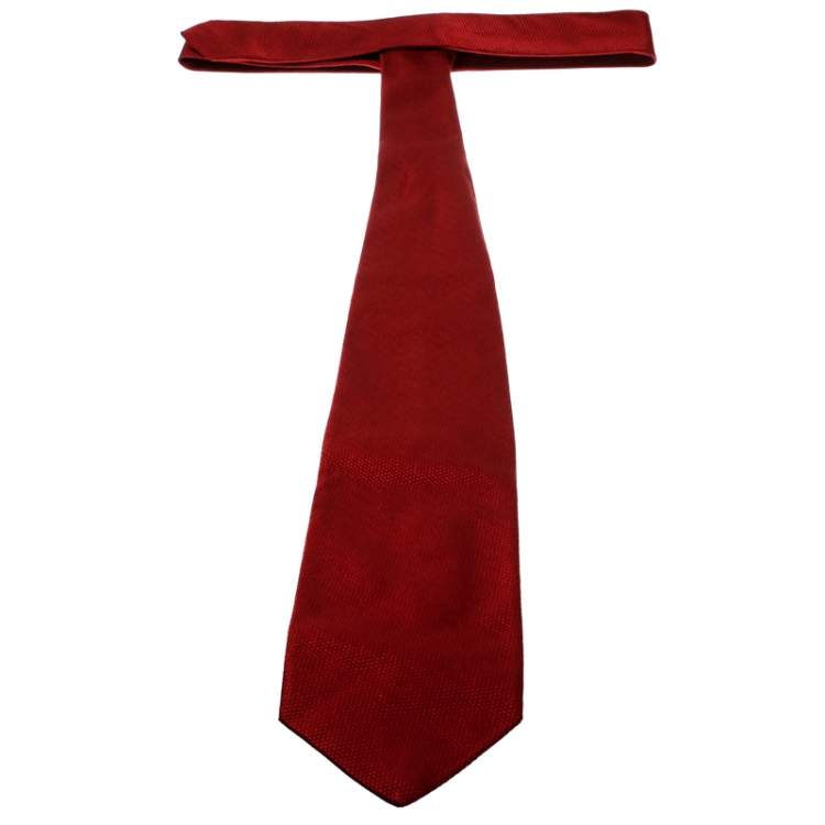 Pre Owned Ermenegildo Zegna Red Textured Silk and Cotton Jacquard Traditional Tie