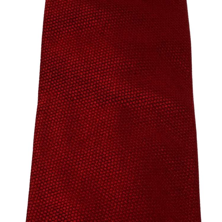 Pre Owned Ermenegildo Zegna Red Textured Silk and Cotton Jacquard Traditional Tie