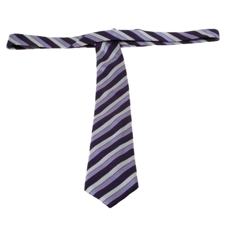 Pre Owned Ermenegildo Zegna Premium Purple Diagonal Striped Silk Jacquard Tie  