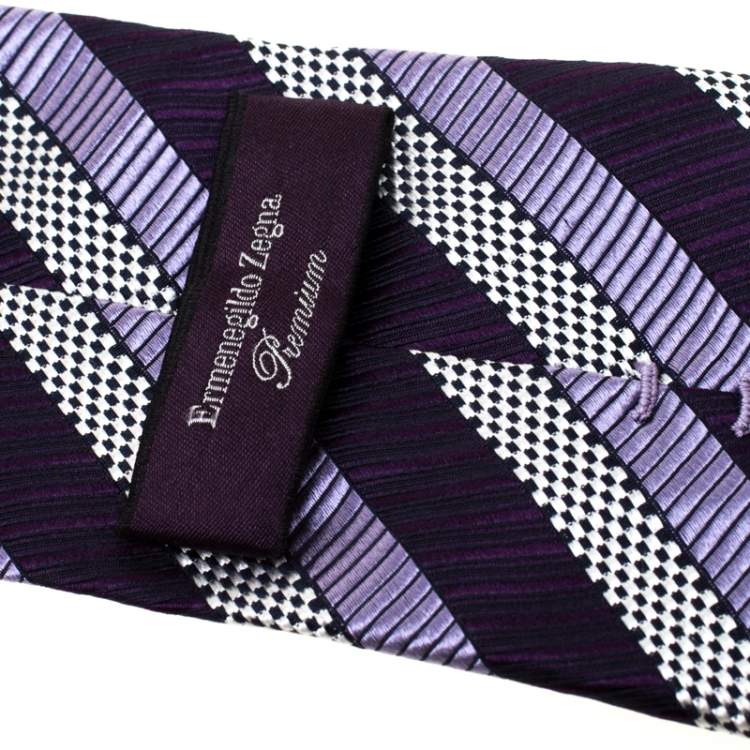 Pre Owned Ermenegildo Zegna Premium Purple Diagonal Striped Silk Jacquard Tie  