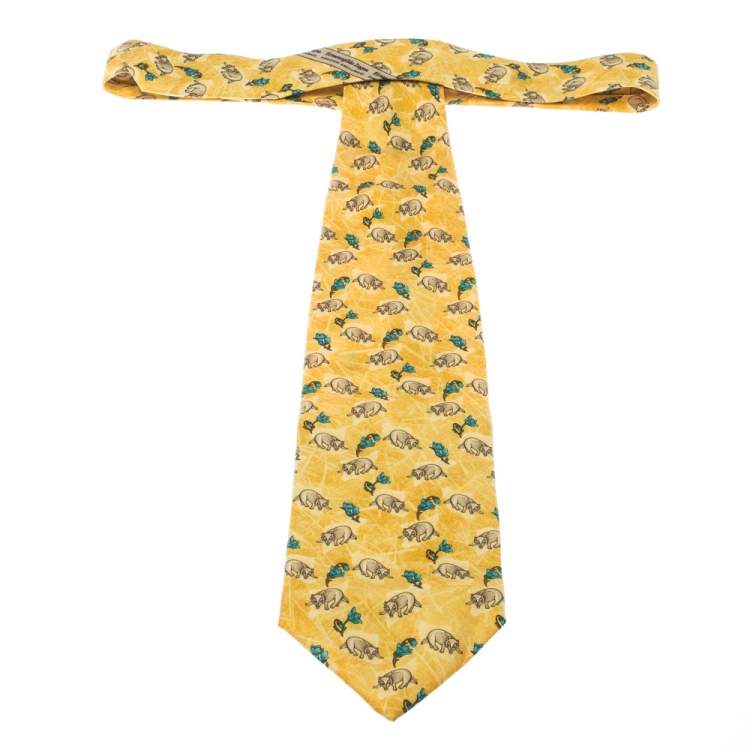 Pre Owned Ermenegildo Zegna Yellow Fox Print Silk Traditional Tie 