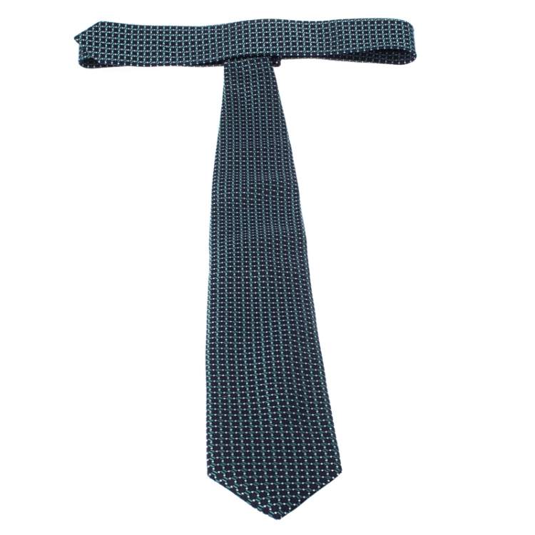 Pre Owned Ermenegildo Zegna Navy Blue and Green Geometric Patterned Silk Jacquard Tie 