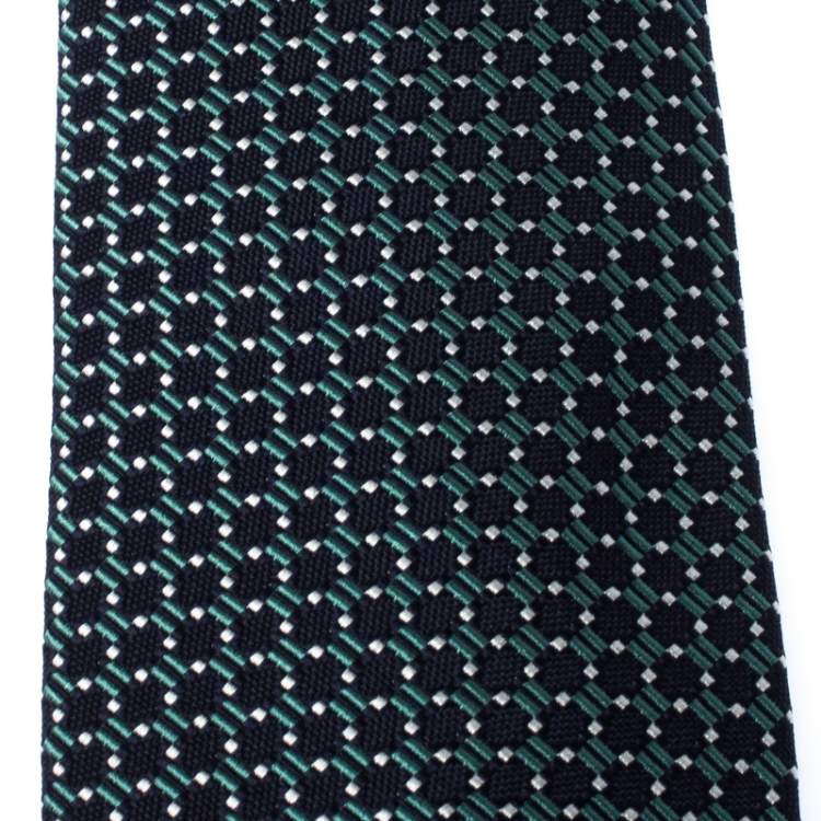 Pre Owned Ermenegildo Zegna Navy Blue and Green Geometric Patterned Silk Jacquard Tie 