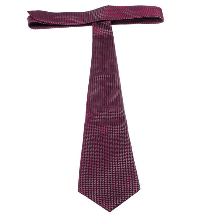Pre Owned Ermenegildo Zegna Red Grey Square Pattern Jacquard Silk Classic Tie 