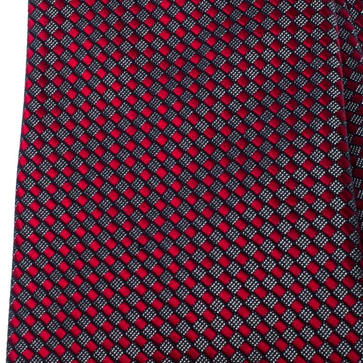 Pre Owned Ermenegildo Zegna Red Grey Square Pattern Jacquard Silk Classic Tie 
