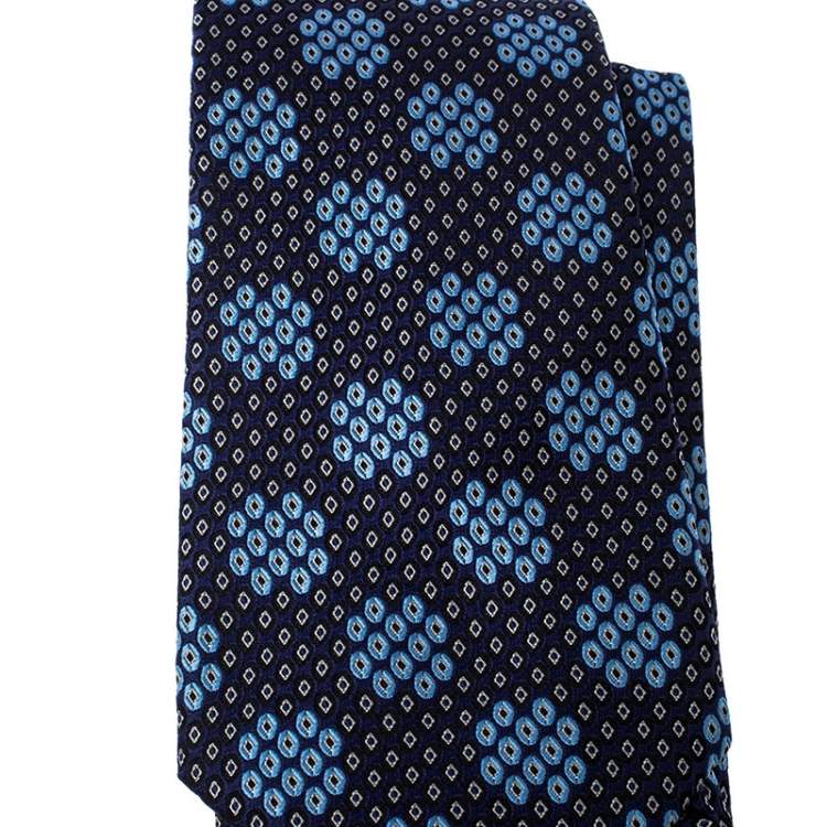Pre Owned Ermenegildo Zegna Blue Geometric Patterned Jacquard Silk Tie