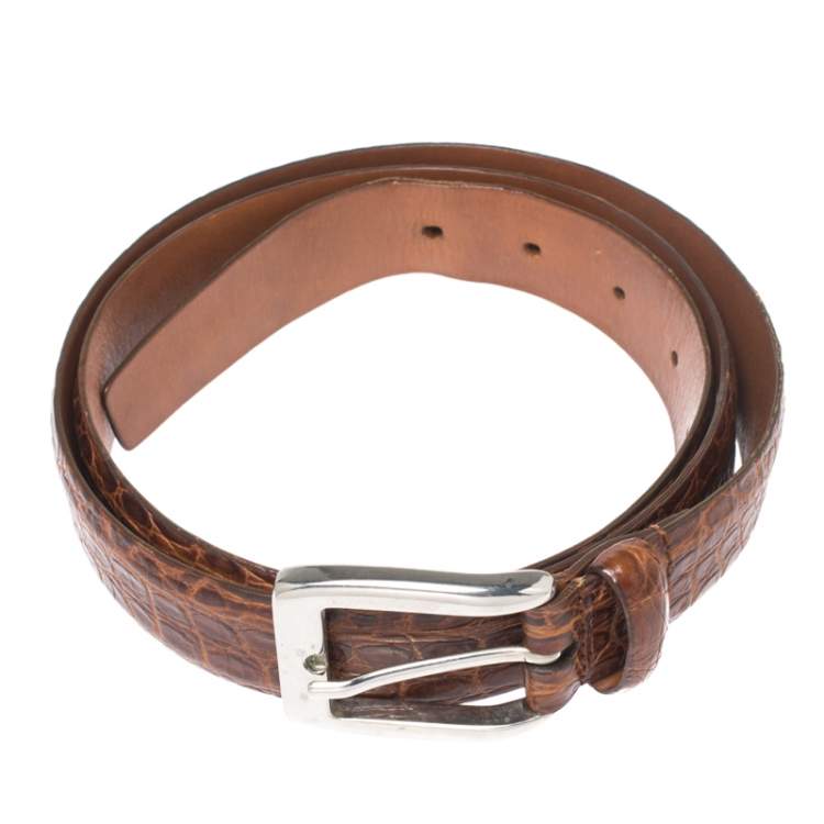 Pre Owned Ermenegildo Zegna Brown Crocodile Embossed Leather Belt Size 120CM