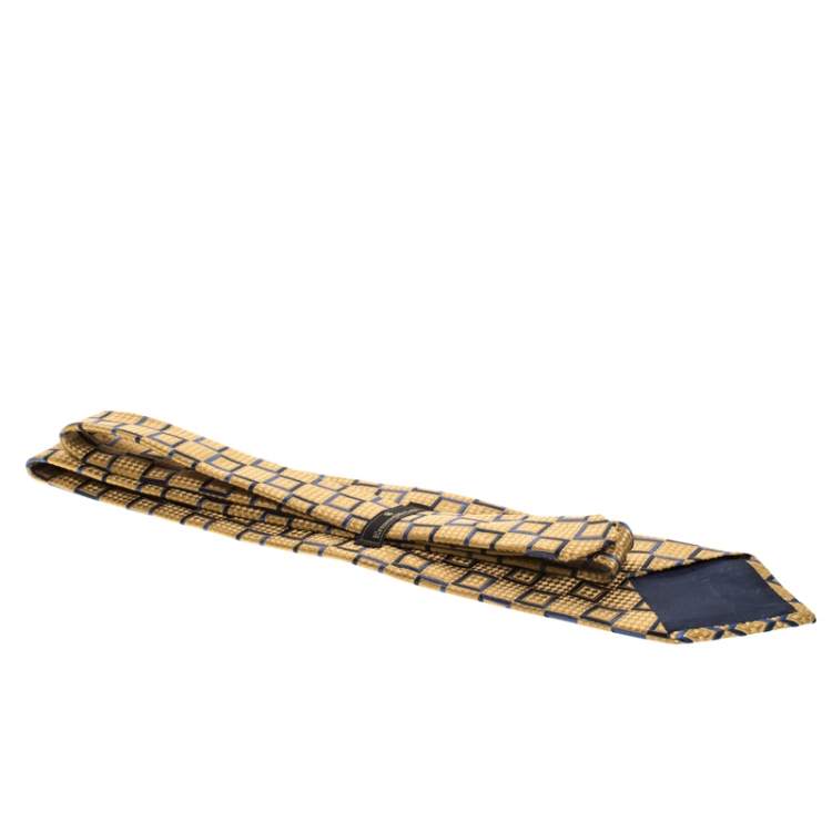 Pre Owned Ermenegildo Zegna Vintage Pale Gold and Blue Geometric Jacquard Silk Tie
