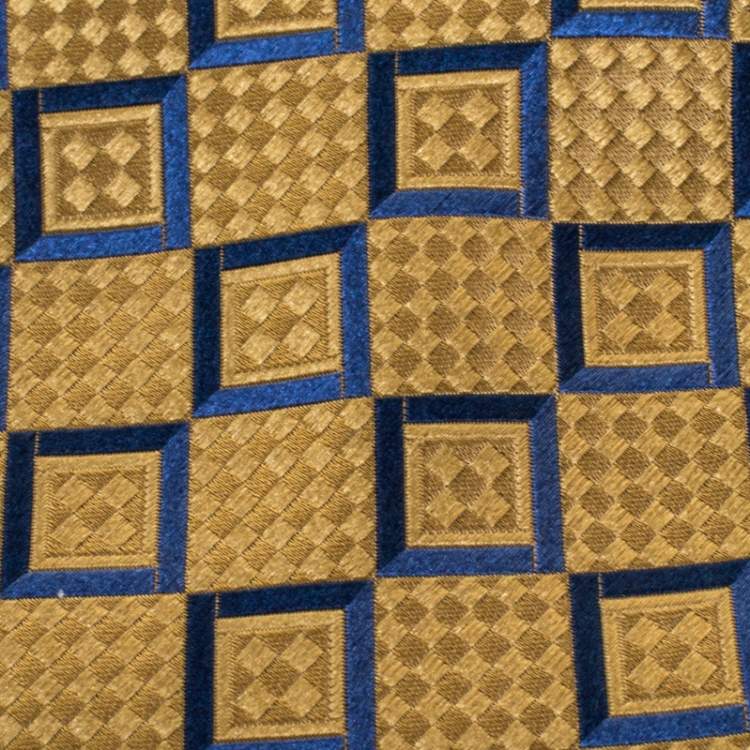 Pre Owned Ermenegildo Zegna Vintage Pale Gold and Blue Geometric Jacquard Silk Tie