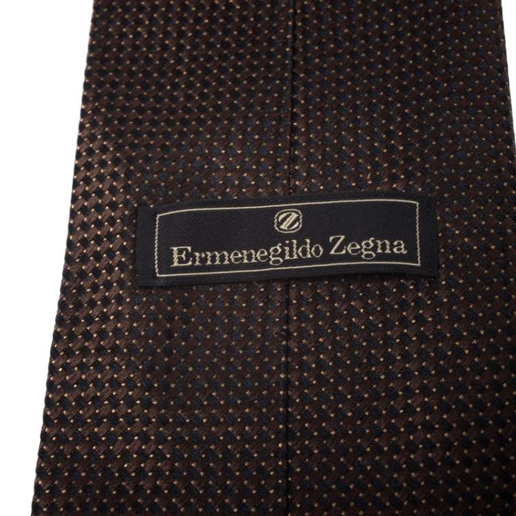 Pre Owned Ermenegildo Zegna Vintage Brown Micro Chequered Jacquard Silk Tie