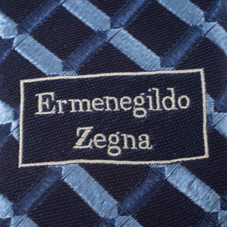 Pre Owned Ermenegildo Zegna Vintage Blue Check Embroidered Silk Tie