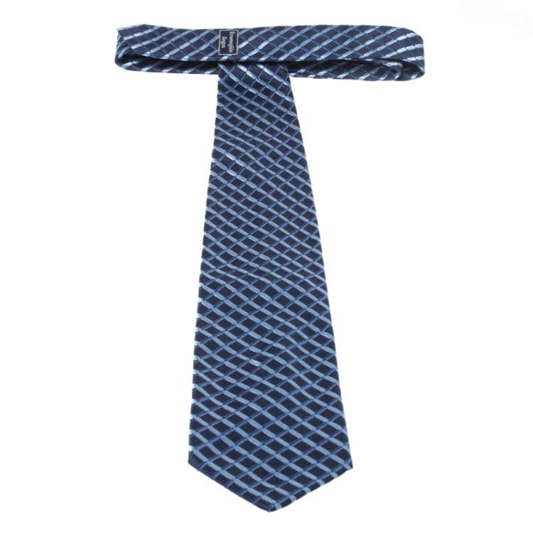 Pre Owned Ermenegildo Zegna Vintage Blue Check Embroidered Silk Tie