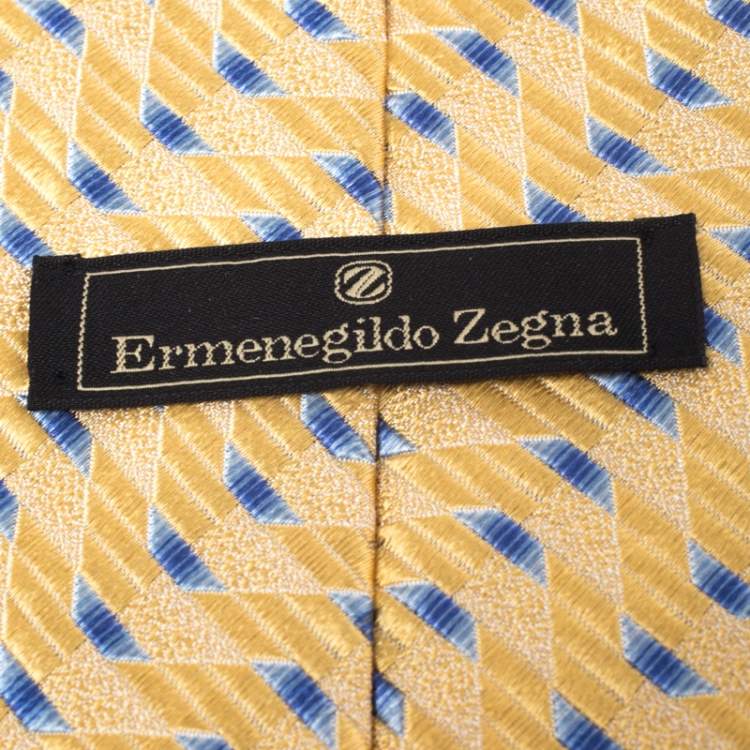 Pre Owned Ermenegildo Zegna Vintage Yellow & Blue Geometric Patterned Jacquard Silk Tie