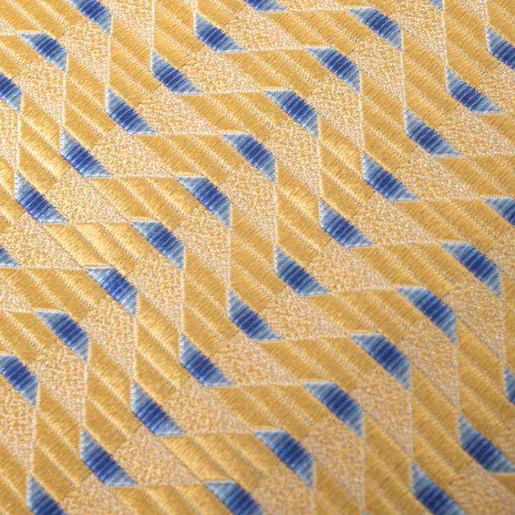 Pre Owned Ermenegildo Zegna Vintage Yellow & Blue Geometric Patterned Jacquard Silk Tie