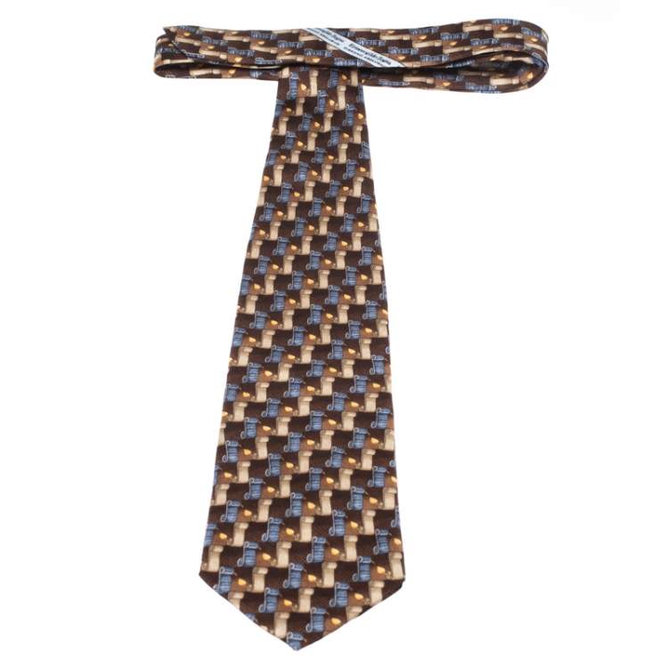 Pre Owned Ermenegildo Zegna Vintage Brown & Blue Scroll Print Silk Tie