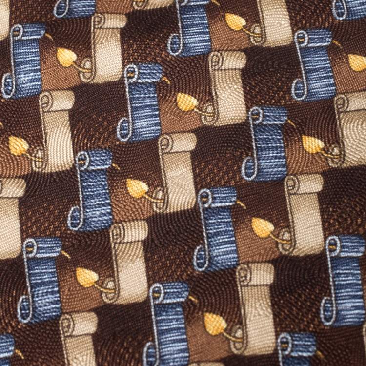 Pre Owned Ermenegildo Zegna Vintage Brown & Blue Scroll Print Silk Tie