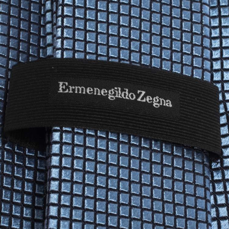 Pre Owned Ermenegildo Zegna Blue Geometric Grid Pattern Silk Tie