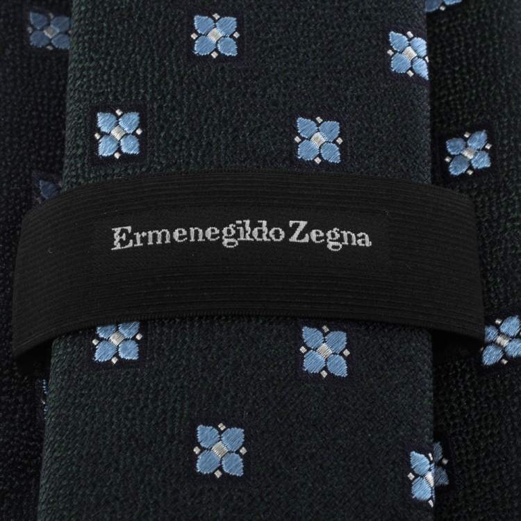 Pre Owned Ermenegildo Zegna Dark Green Floral Embroidered Silk Tie 