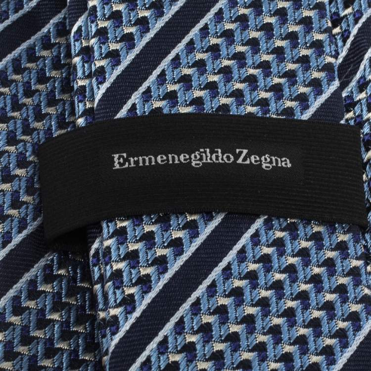 Pre Owned Ermenegildo Zegna Navy Blue Diagonal Patterned Silk Jacquard Tie