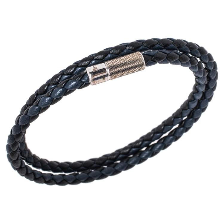 Pre Owned Ermenegildo Zegna Two Tone Leather Sterling Silver Double Wrap Bracelet