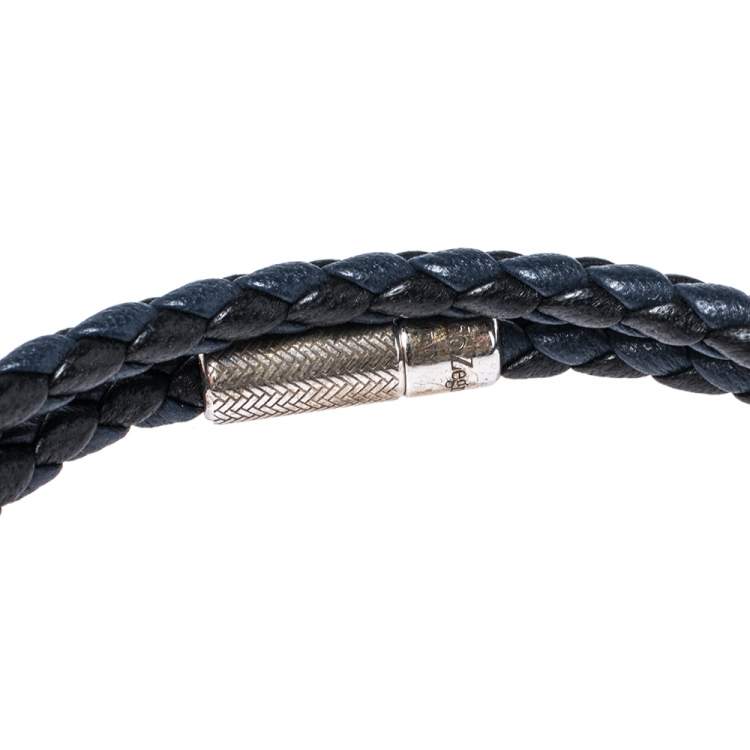 Pre Owned Ermenegildo Zegna Two Tone Leather Sterling Silver Double Wrap Bracelet