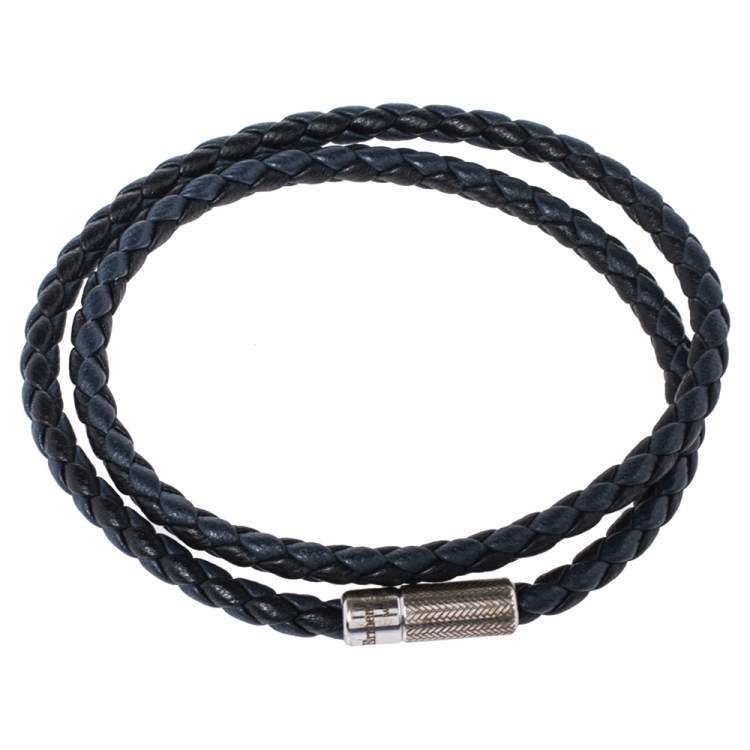 Pre Owned Ermenegildo Zegna Two Tone Leather Sterling Silver Double Wrap Bracelet