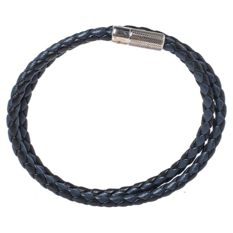 Pre Owned Ermenegildo Zegna Two Tone Leather Sterling Silver Double Wrap Bracelet