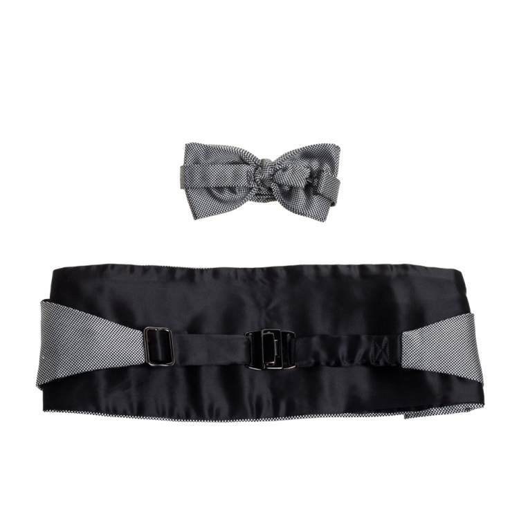مملوكة مسبقًا Ermenegildo Zegna Black/White Checkered Silk Cummerbund And Bow Tie Parure