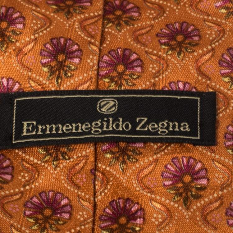 Pre Owned Ermenegildo Zegna Disegno Esclusivo Orange Floral Patterned Silk Tie