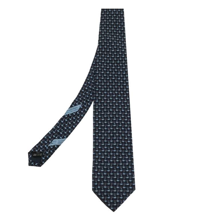 Pre Owned Ermenegildo Zegna Blue Swan Print Silk Tie