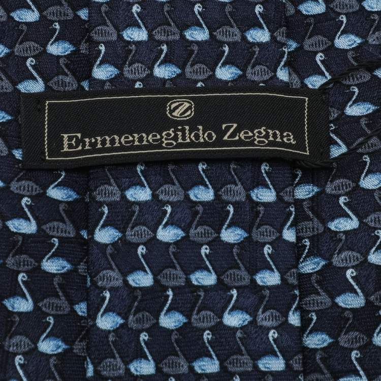 Pre Owned Ermenegildo Zegna Blue Swan Print Silk Tie