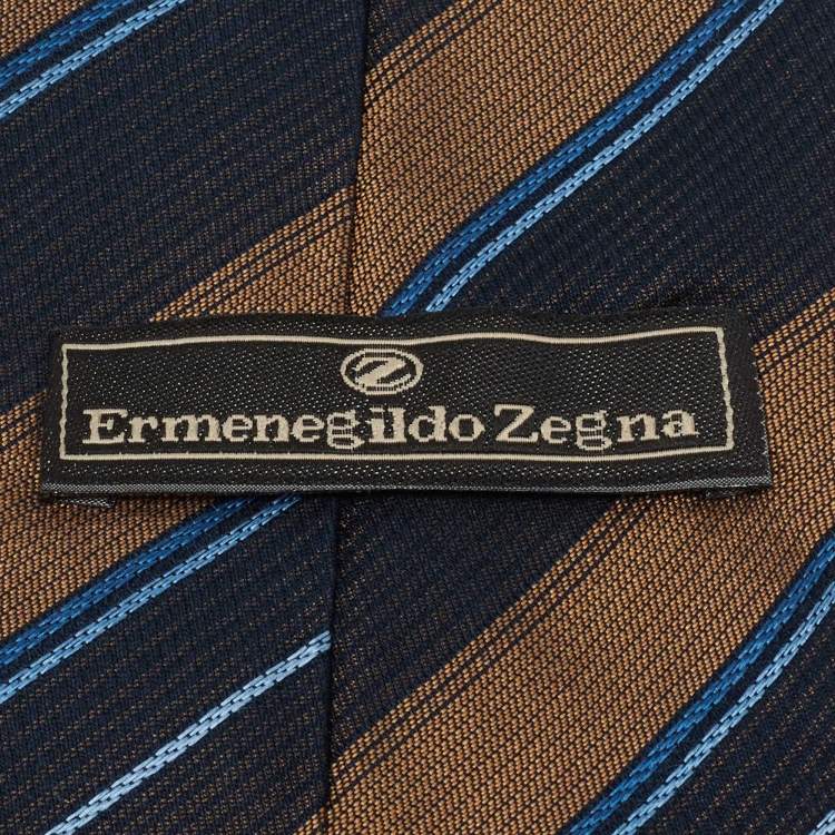 Pre Owned Ermenegildo Zegna Brown & Navy Blue Diagonal Striped Silk Tie