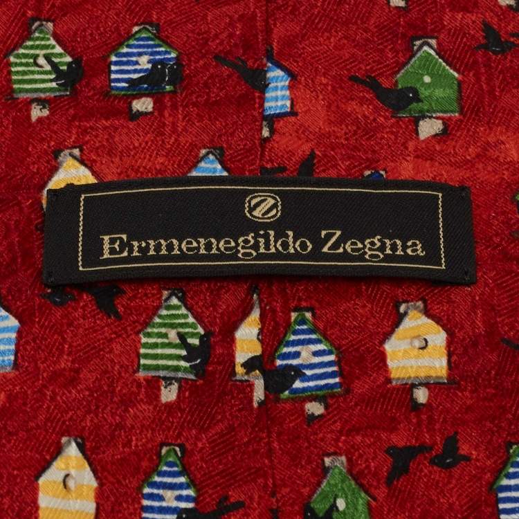 Pre Owned Ermenegildo Zegna Crimson Red Tree House Print Silk Tie 