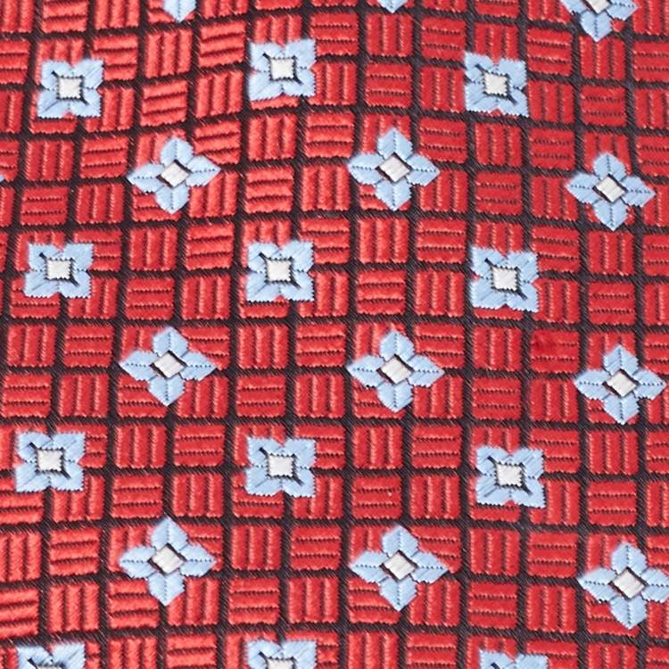 Pre Owned Ermenegildo Zegna Red Checked Floral Jacquard Silk Tie
