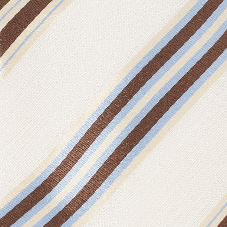 Pre Owned Ermenegildo Zegna Off White Striped Silk and Linen Tie