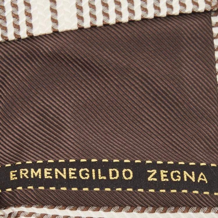 Pre Owned Ermenegildo Zegna Brown/Cream Striped Silk Tie