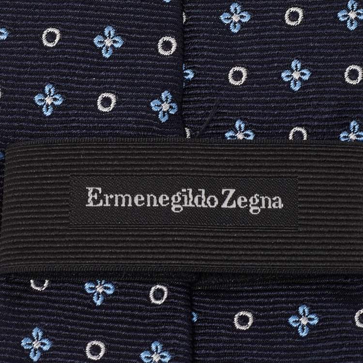 Pre Owned Ermenegildo Zegna Navy Blue Floral Pattern Silk Tie