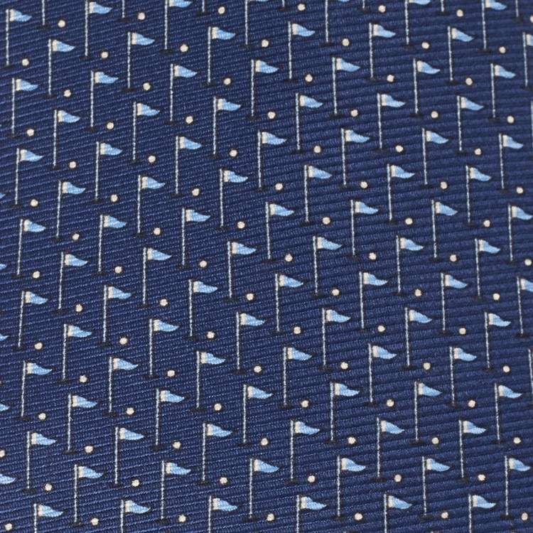 Pre Owned Ermenegildo Zegna Navy Blue Flag Print Silk Tie